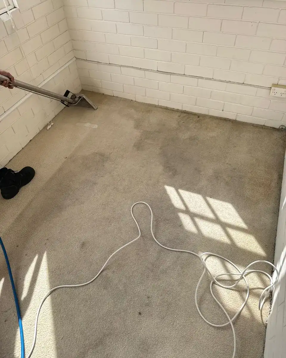 A carpeted room before cleaning: grey traffic soiling across the whole floor, with the steam wand in the corner